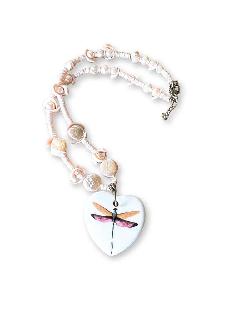 Dragonfly Porcelain Heart Pendant Necklace