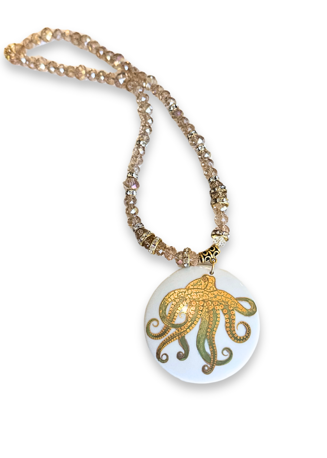 Coastal Gold Octopus Sea Life Porcelain Pendent Necklace
