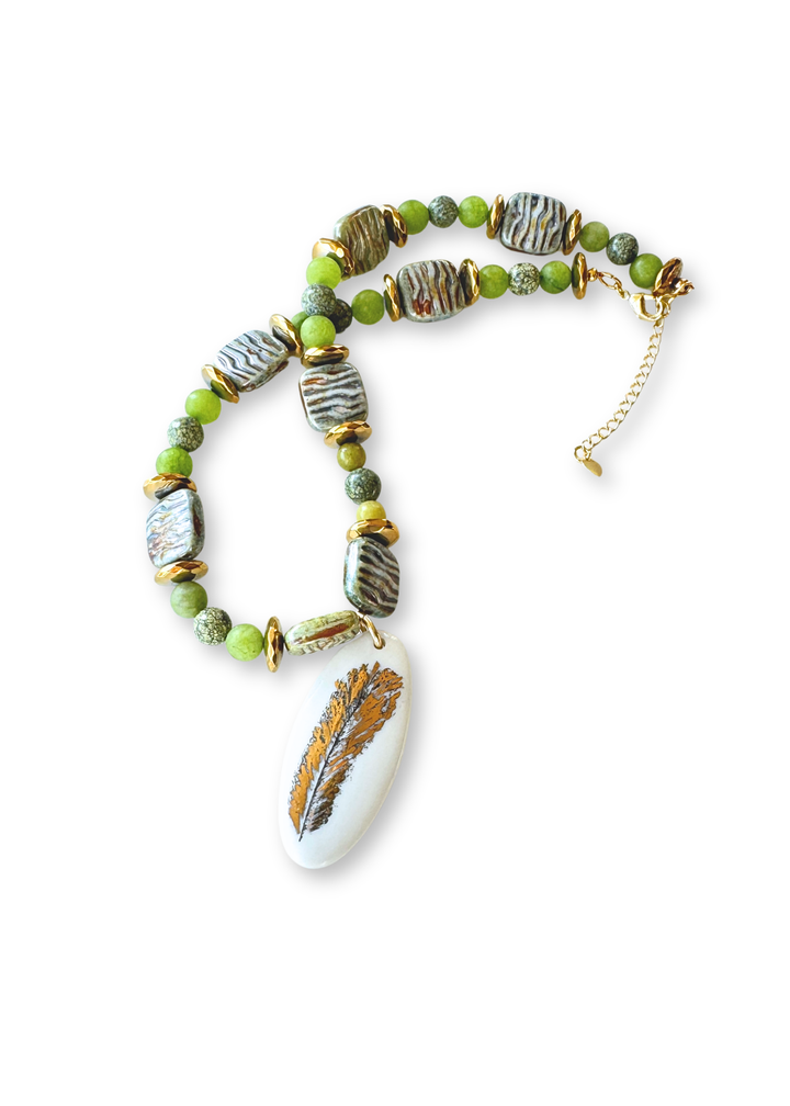 Golden Feather Porcelain Pendant Necklace