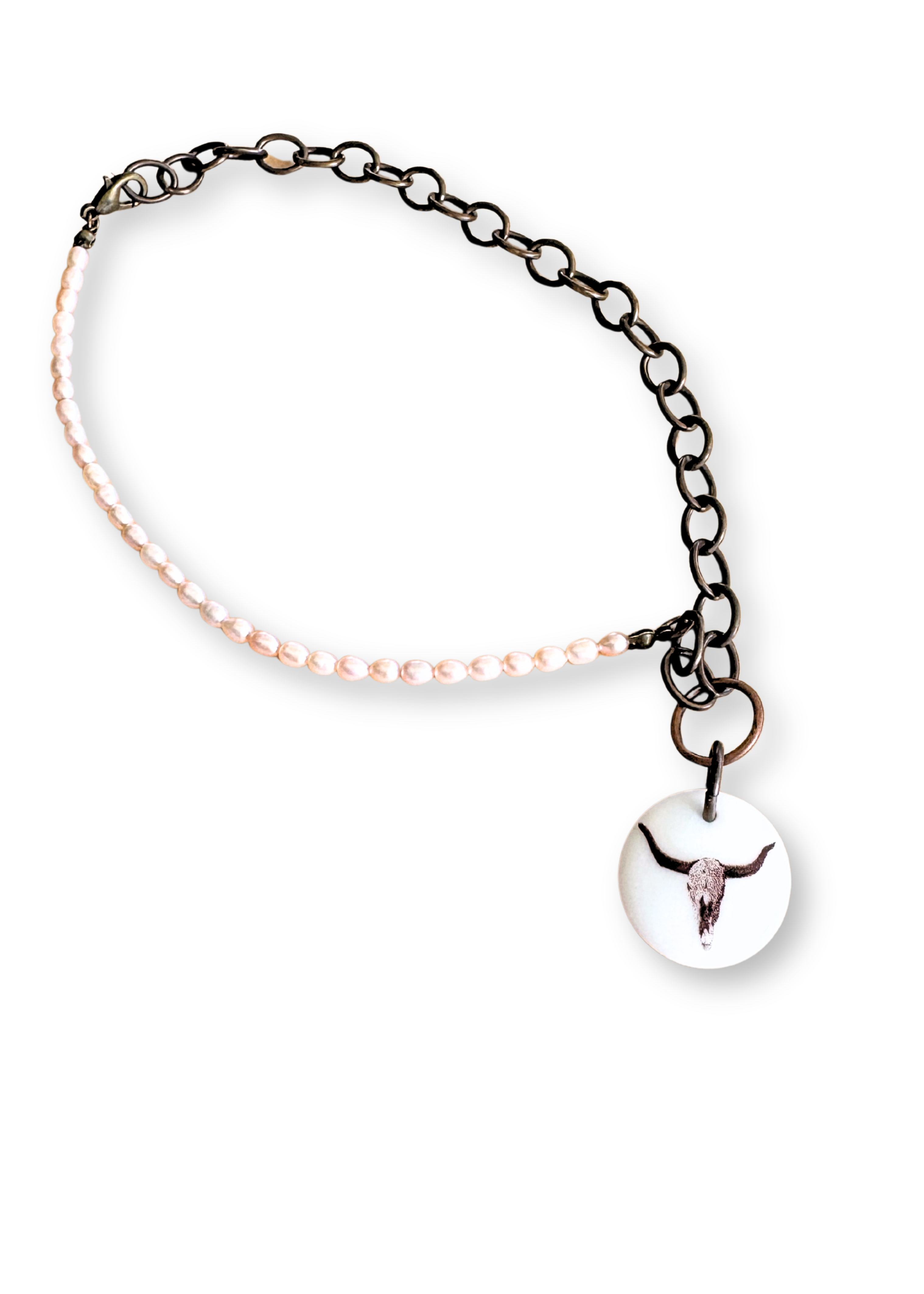 Western Cowboy Pendant Necklace Pearl Chain skull