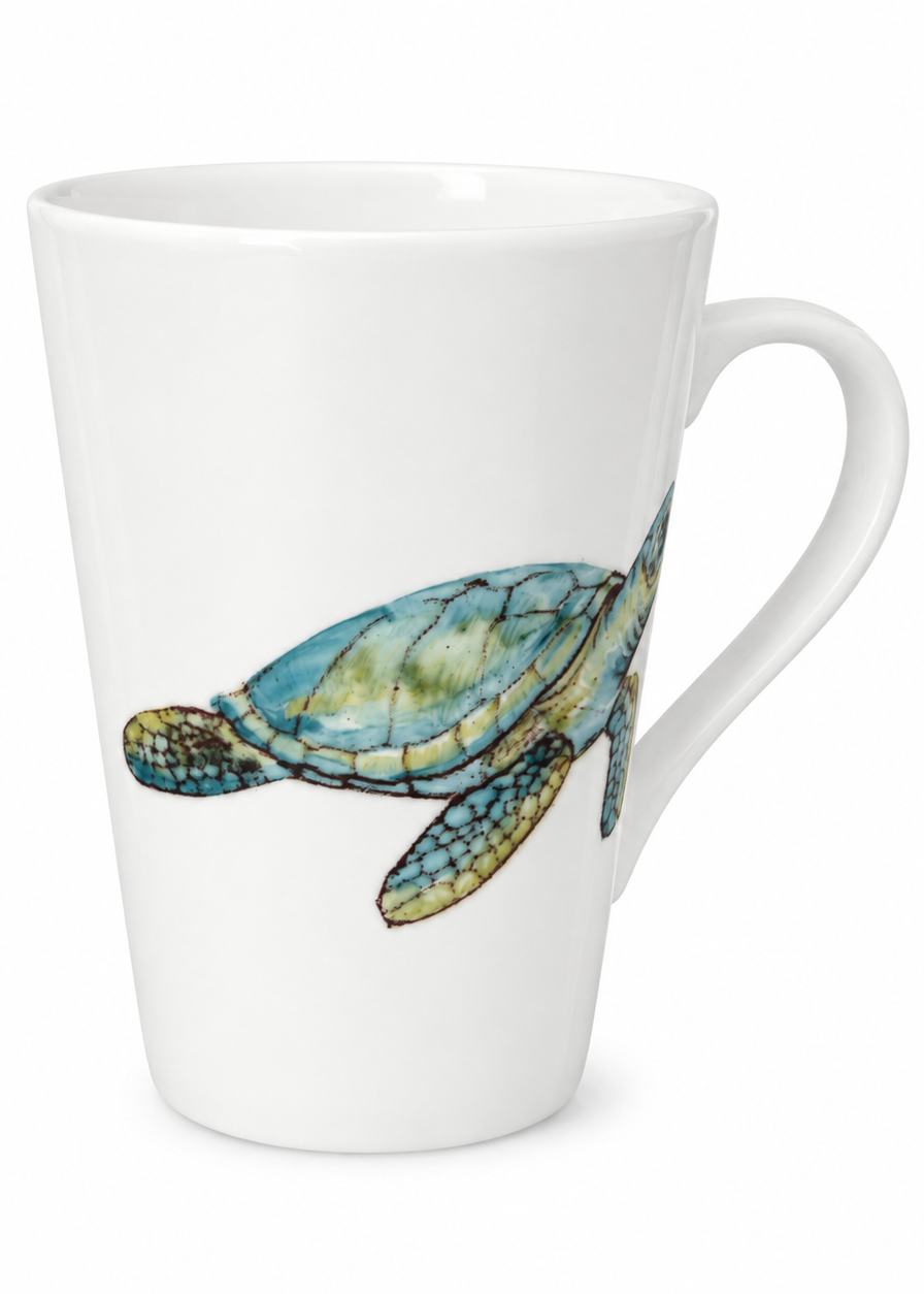 Hand-Painted Sea Turtle Porcelain Latte Mug | Coastal Coffee Cup