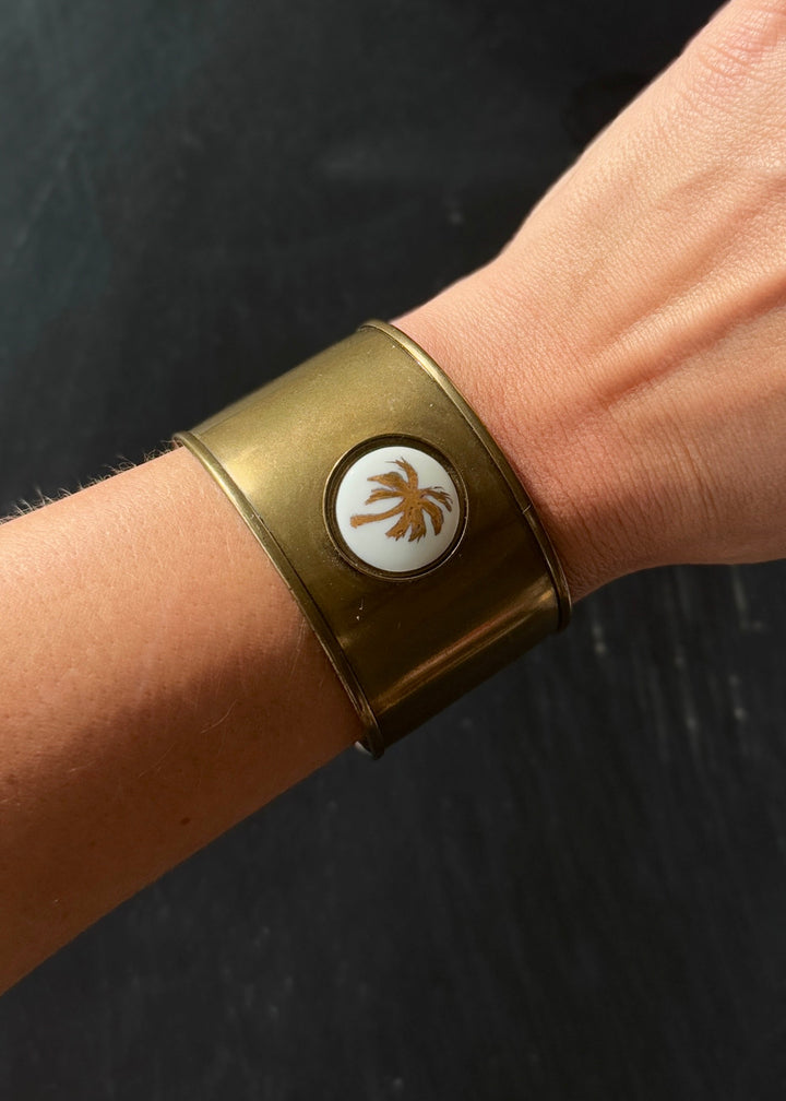 Palm Tree Porcelain Pendant Metallic Cuff Bracelet