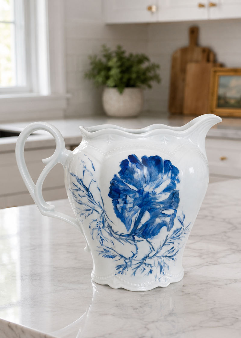 Hand-Painted Blue Botanical Porcelain Pitcher – Elegant Decorative Vase & Serving Pitcher