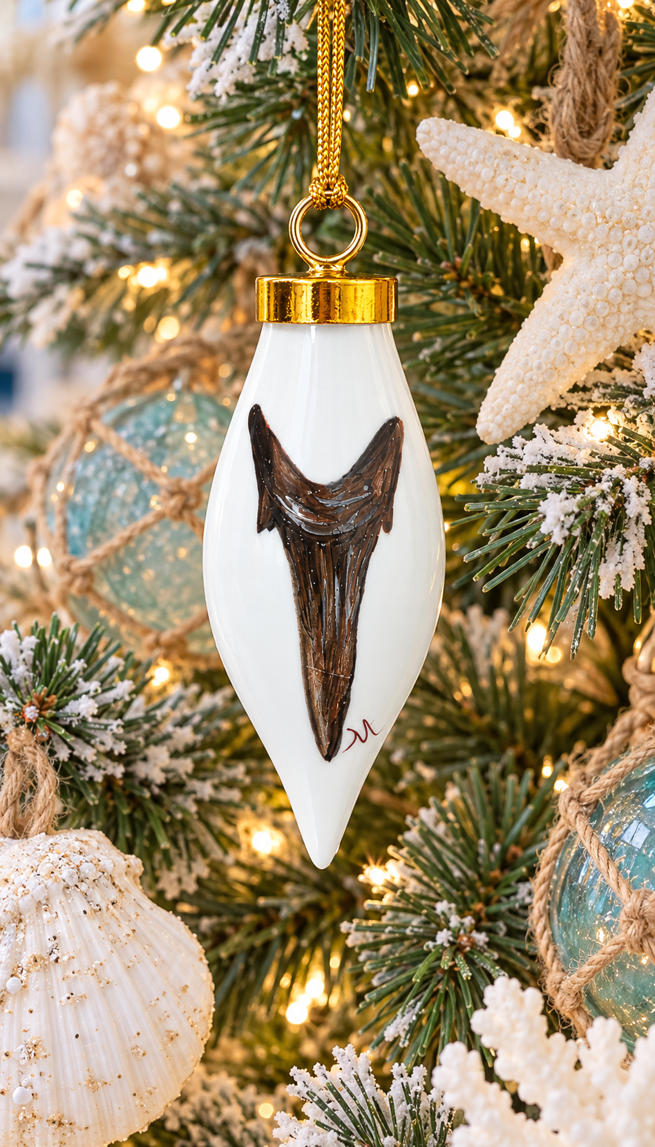 Hand-Painted Shark Tooth Porcelain Christmas Ornament