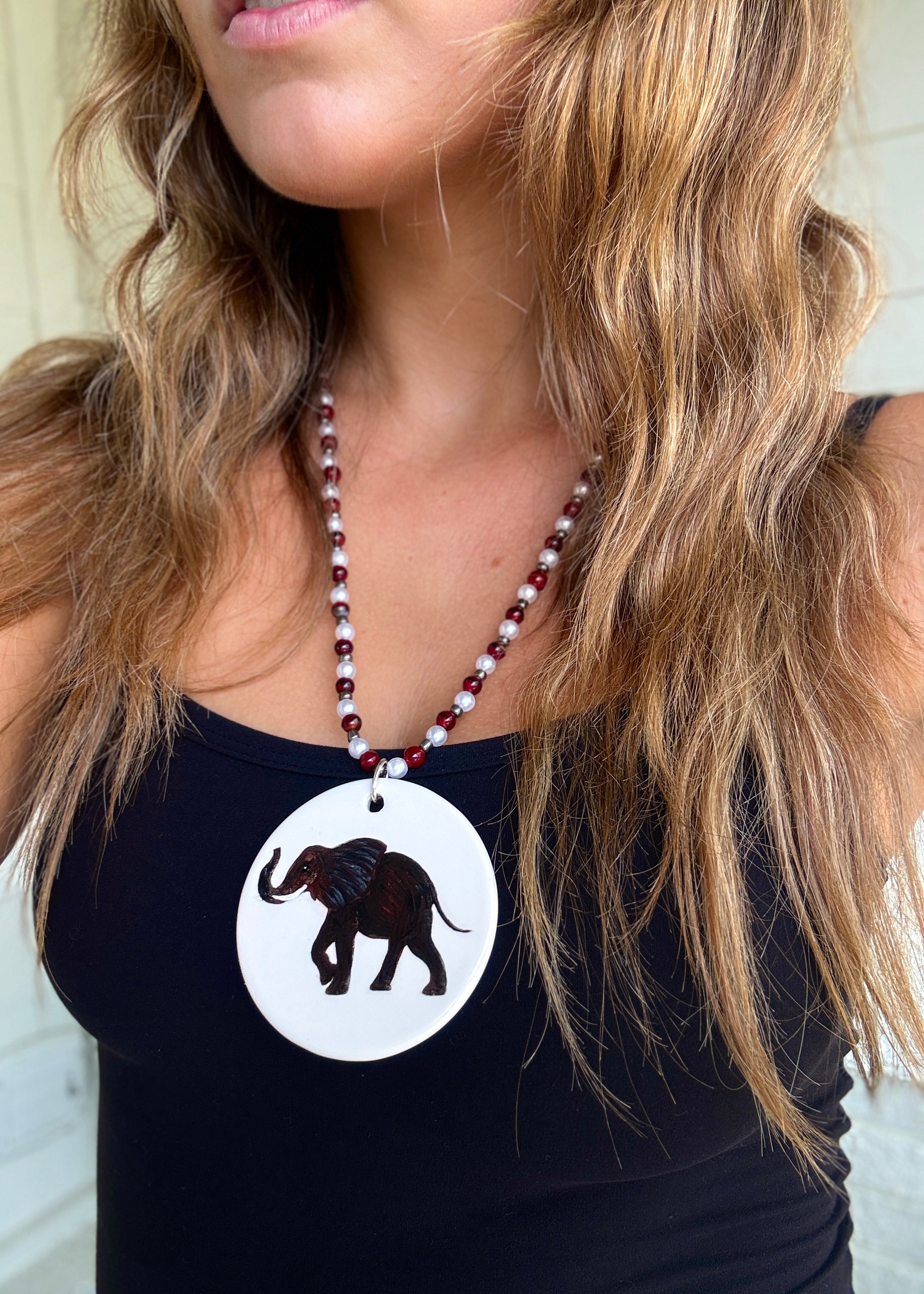 Elephant Game Day Necklace – Crimson & White Football Mascot Jewelry