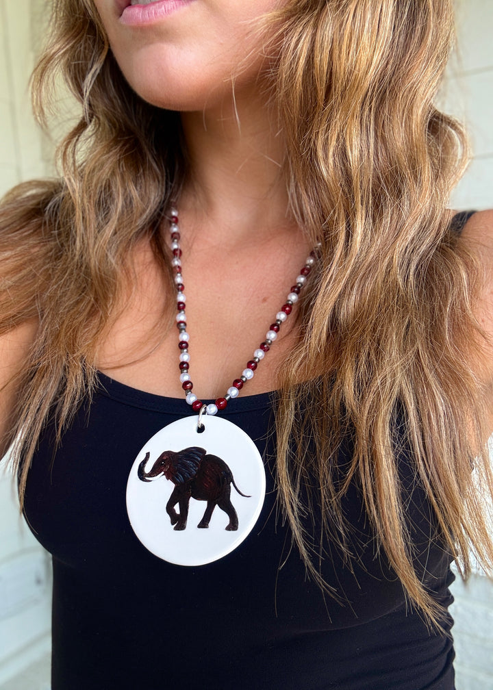 Elephant Game Day Necklace Crimson White Football Mascot