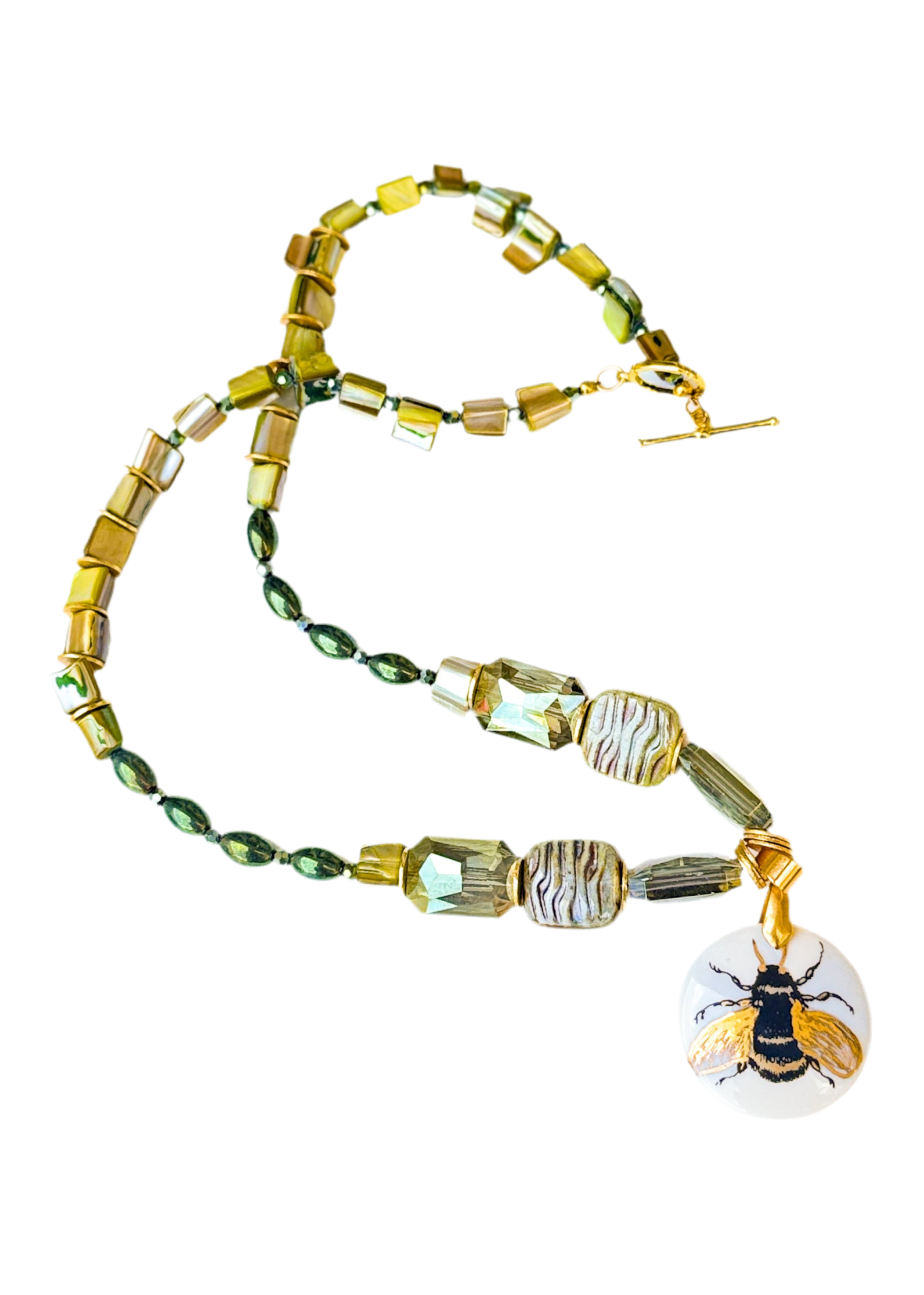 Bee Circle Porcelain Pendant Beaded Necklace