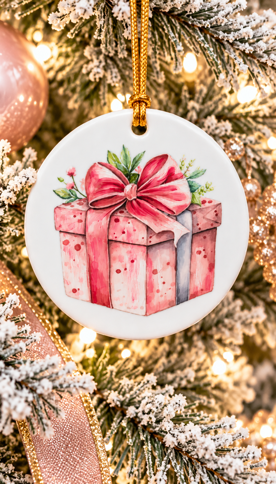 Hand-Painted Pink Present Porcelain Christmas Ornament