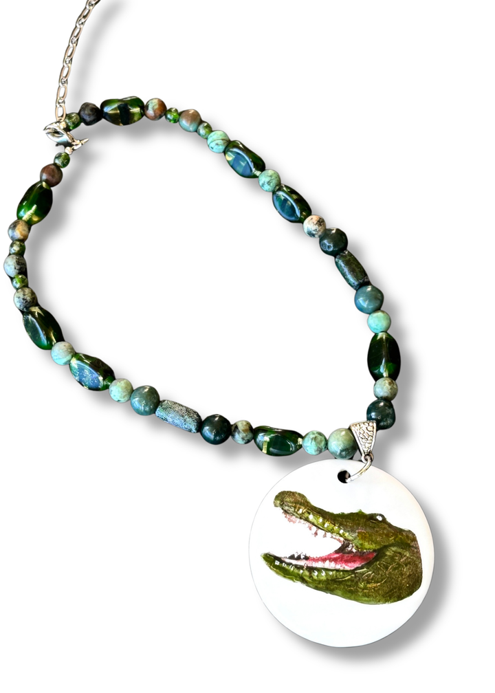 Hand Painted Porcelain Pendent Gator Game Day Beaded Necklace