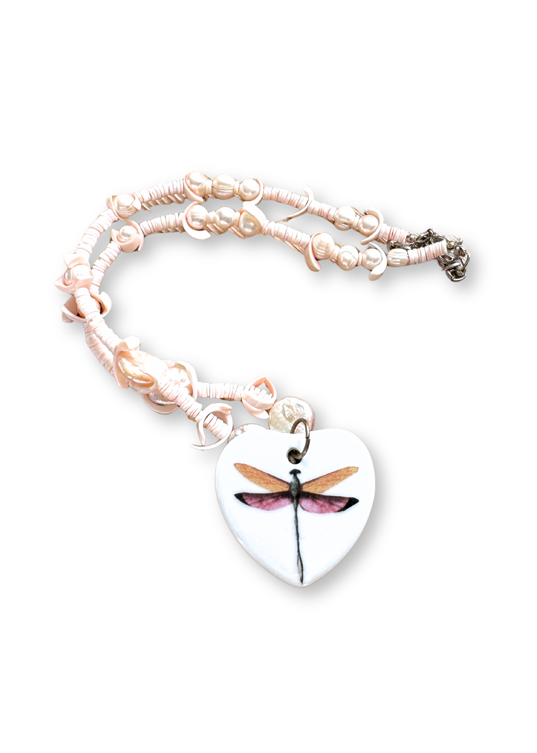 Dragonfly Porcelain Heart Pendant Necklace