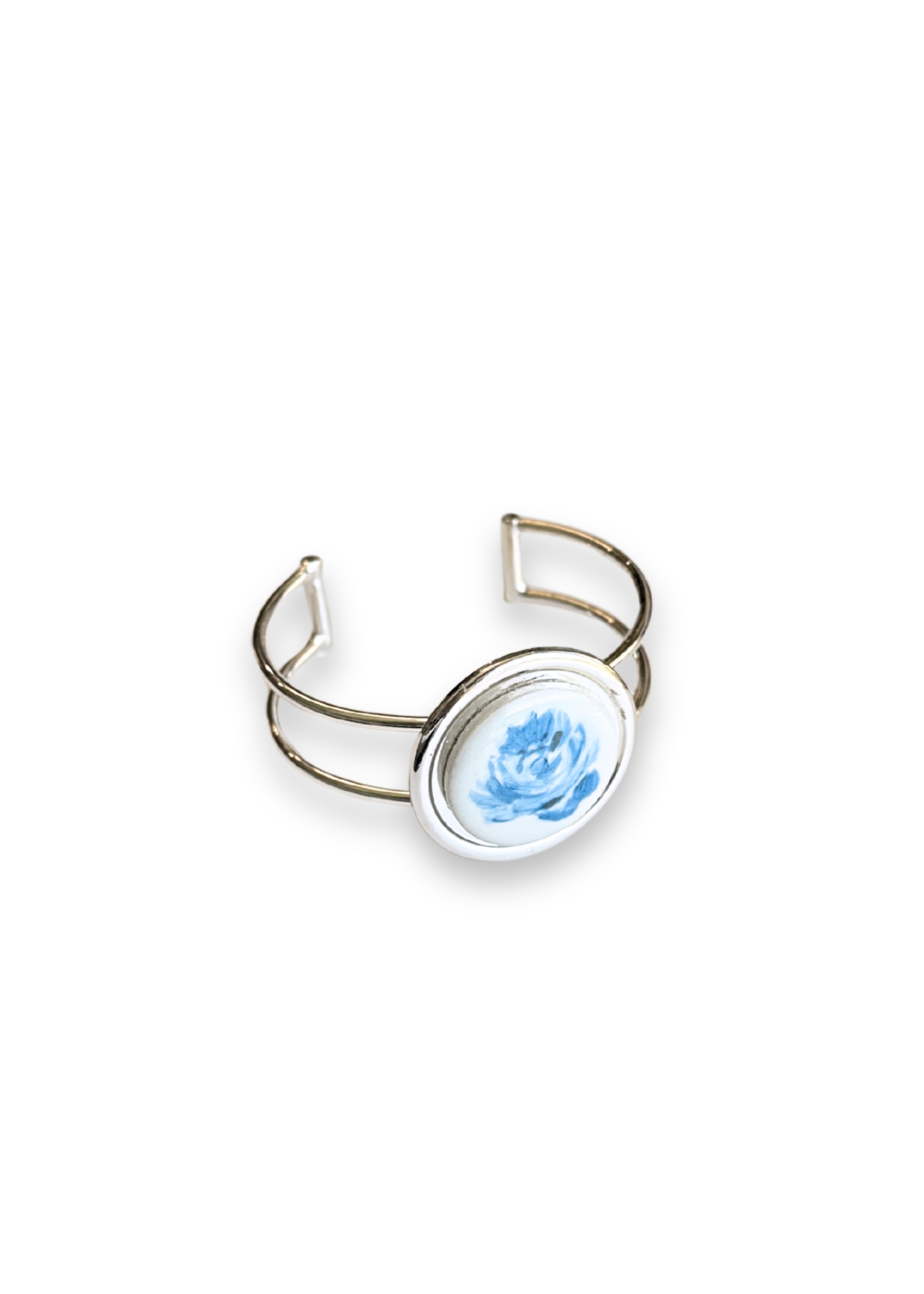 Blue Flower in Bloom Porcelain Cuff Silver Bracelet