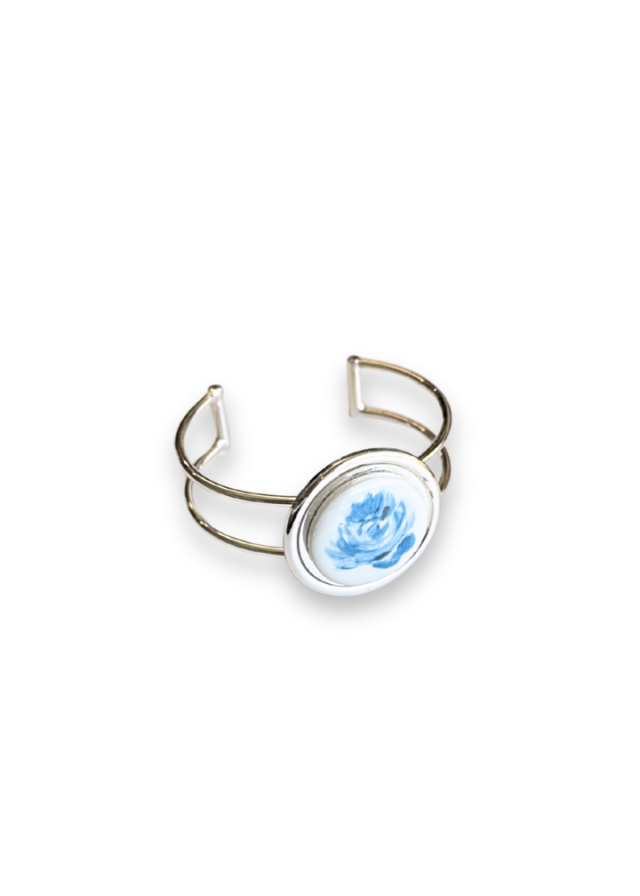 Blue Flower in Bloom Porcelain Cuff Silver Bracelet