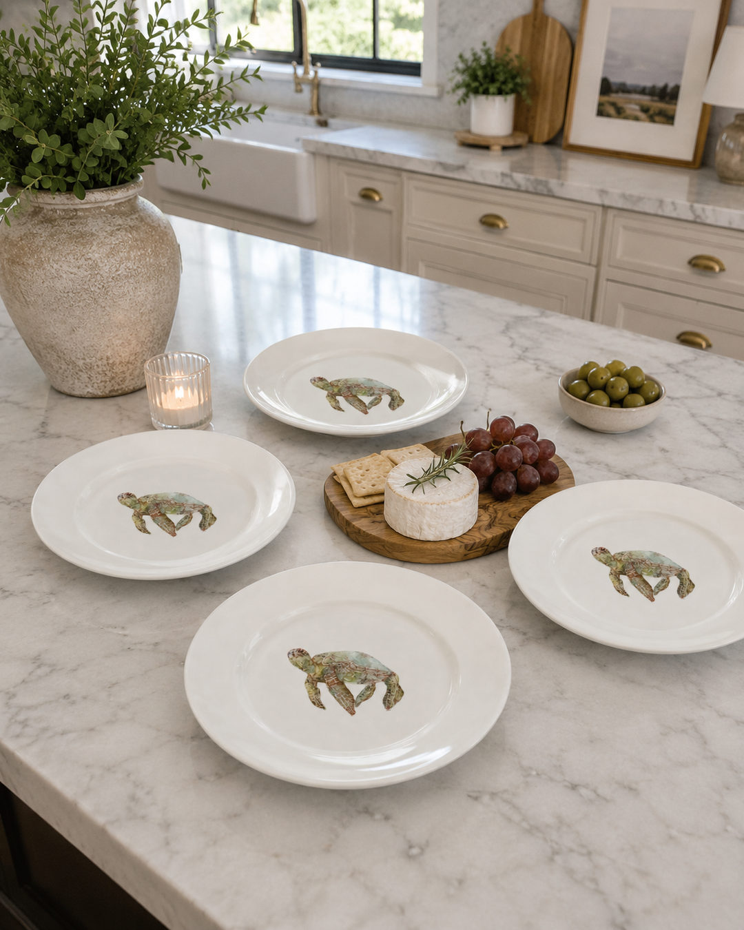 Hand-Painted Sea Turtle Porcelain Appetizer Plates – Set of 4