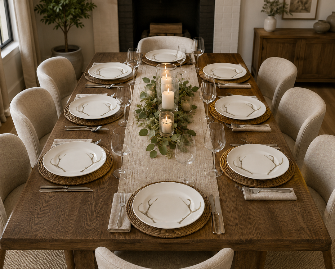 Rustic Elegance Antler Dinnerware Table Setting | Hand-Painted Porcelain Collection