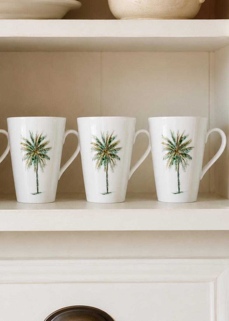 Set of 4 Hand-Painted Palm Tree Porcelain Coffee Mugs