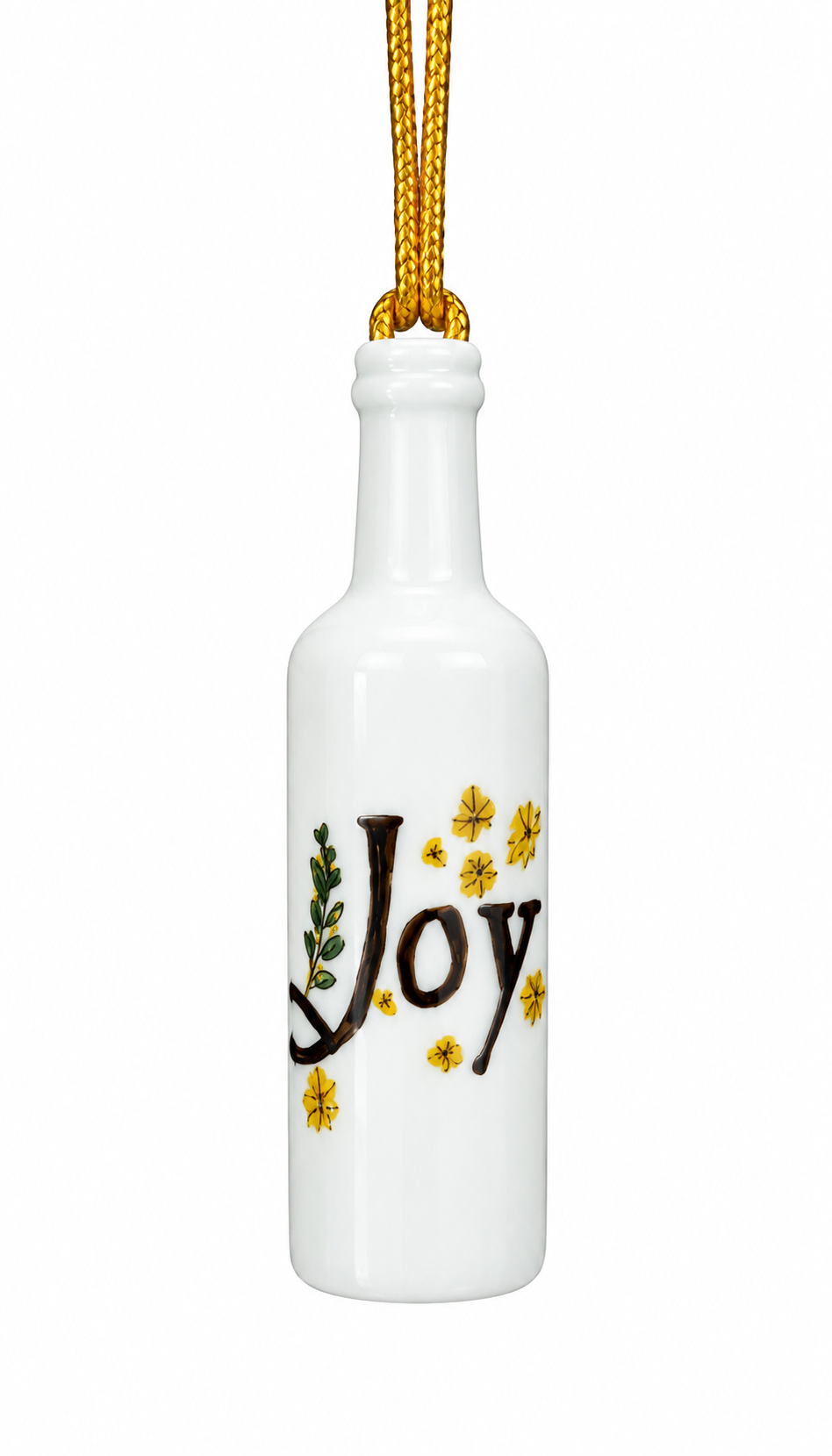 White Porcelain Wine Bottle Ornament – 3.25" Hand-Painted Word Joy