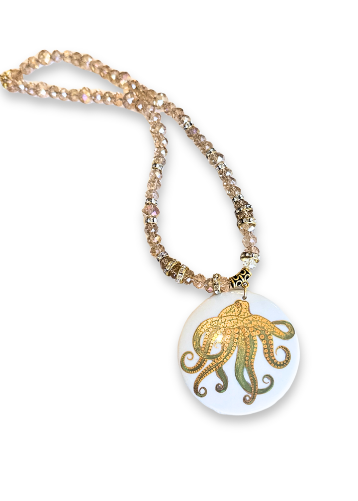 Coastal Gold Octopus Sea Life Porcelain Pendent Necklace