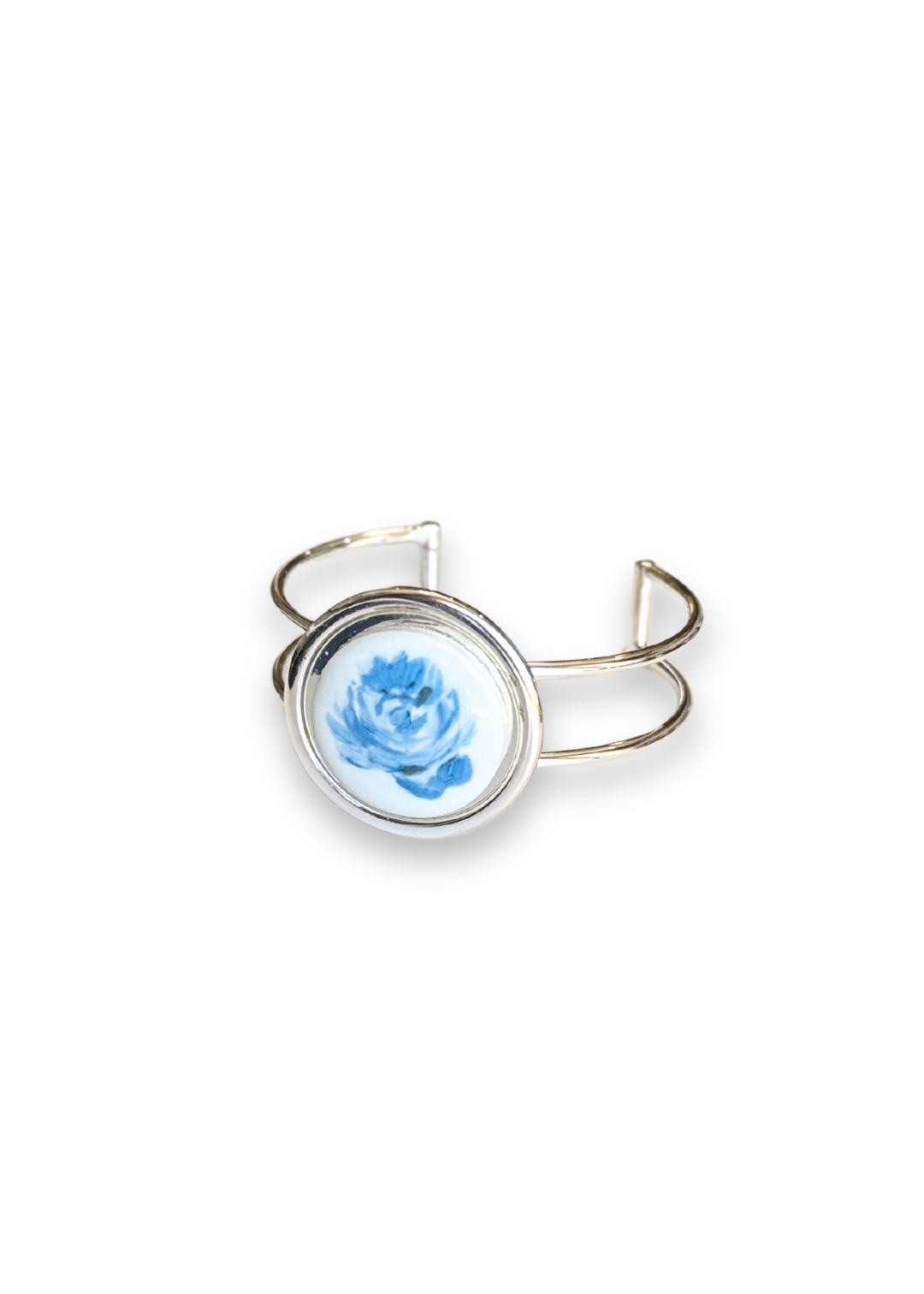 Blue Flower in Bloom Porcelain Cuff Silver Bracelet
