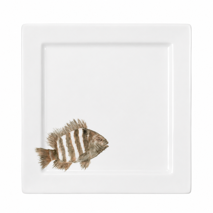 Hand-Painted Coastal Fish Porcelain Square Plate