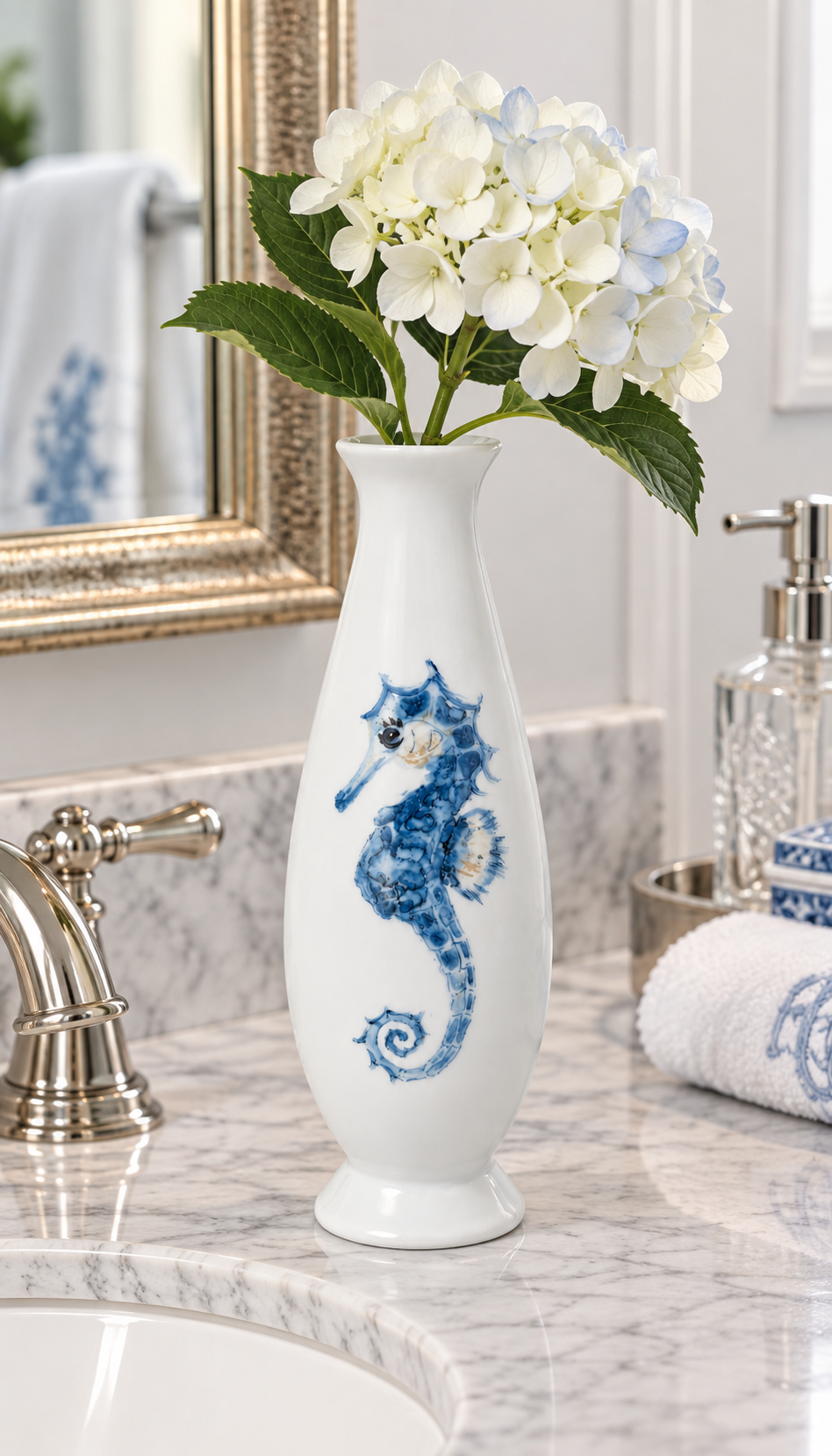 Hand-Painted Blue Seahorse Porcelain Bud Vase