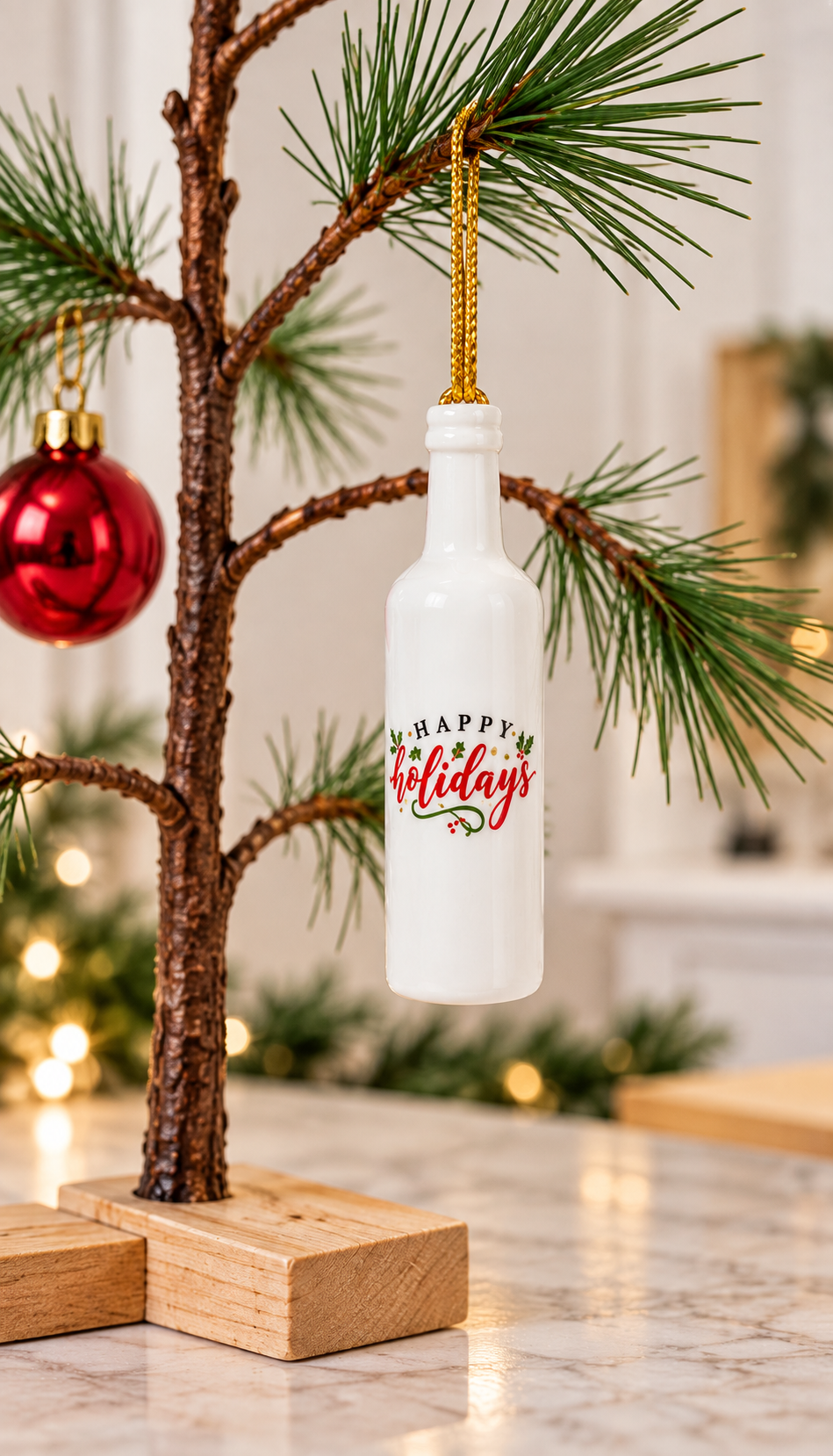 White Porcelain Wine Bottle Ornament – 3.25" Hand-Painted Happy Holidays