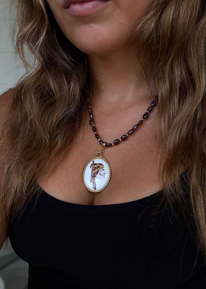 Mascot Game day Beaded Necklace Garnet Gold Bezel Football Game