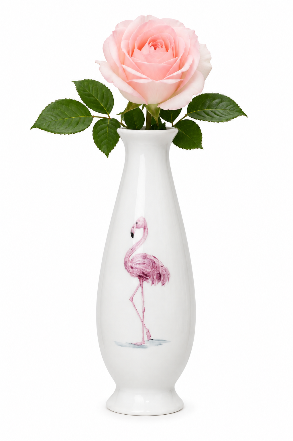 Hand-Painted Flamingo Porcelain Bud Vase with Blush Rose