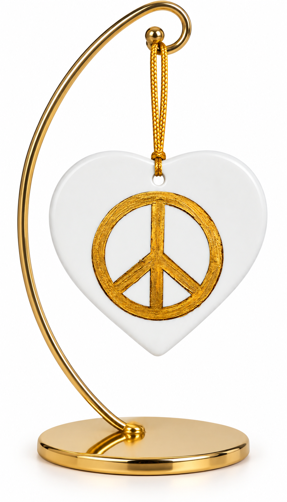 Hand-Painted Gold Peace Sign Porcelain Heart Ornament