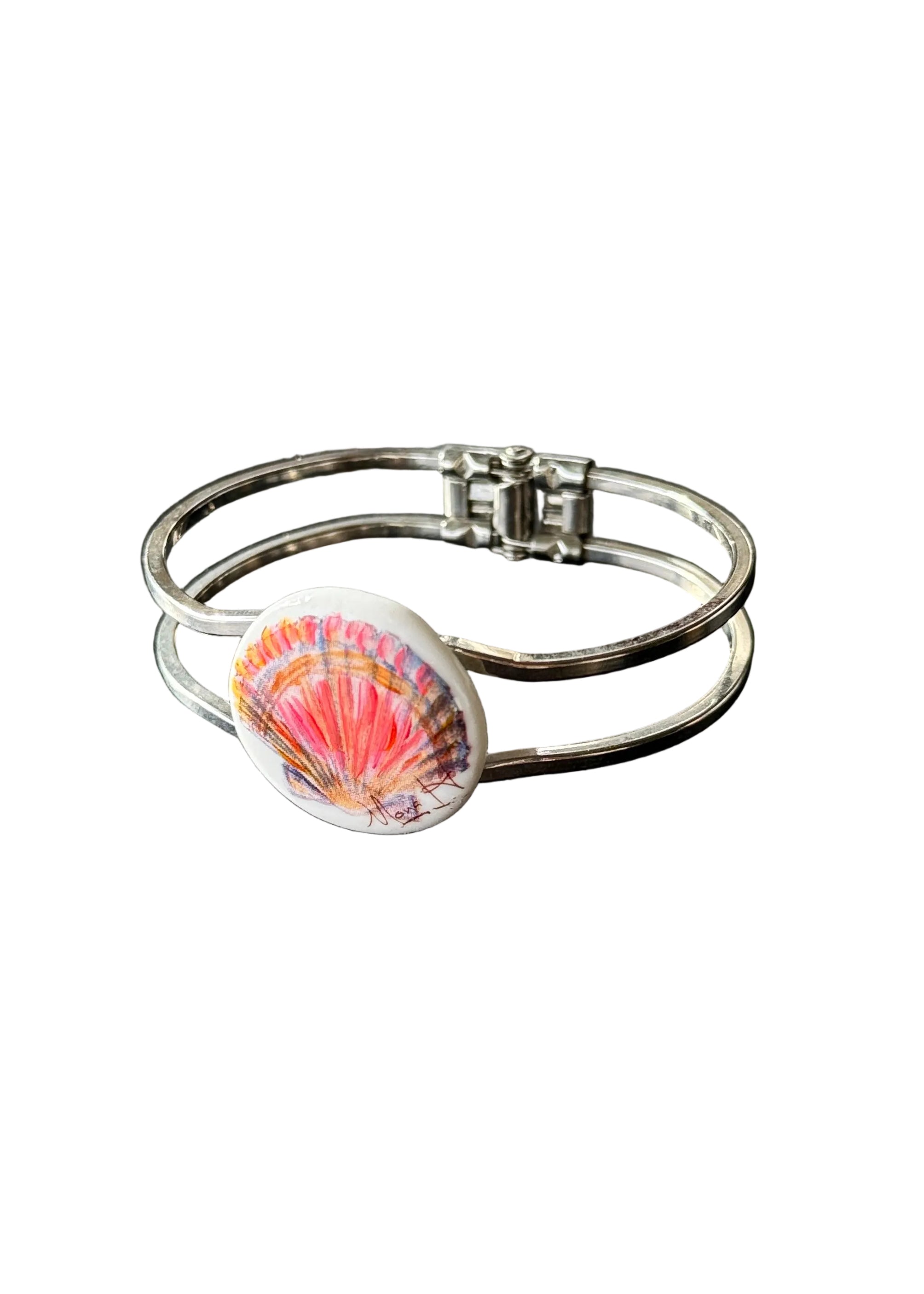 Seashell Porcelain Pendant Silver Cuff Bracelet