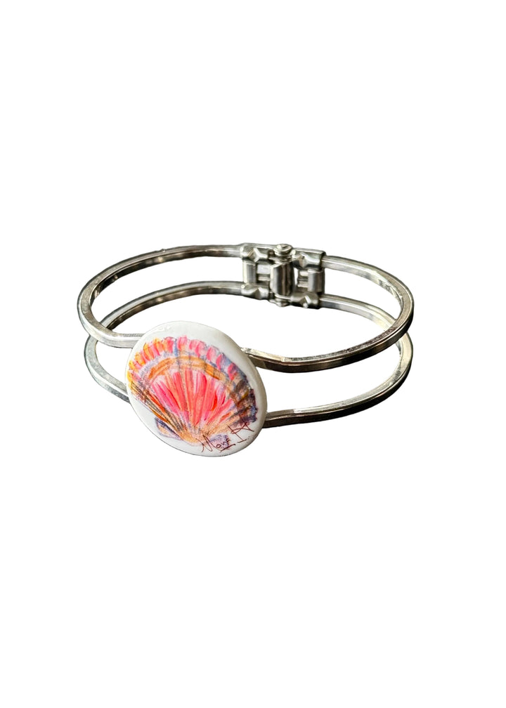 Hand-Painted Seashell Porcelain Pendant Silver Cuff Bracelet