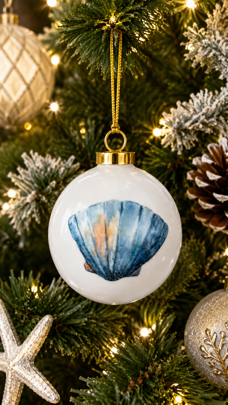 Hand-Painted Blue Seashell Porcelain Ornament