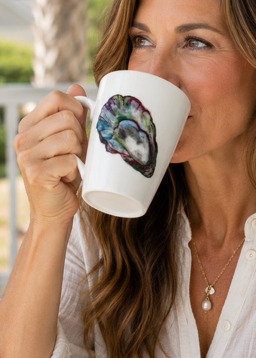 Hand Painted Coastal Oyster Shell Porcelain Coffee Mug