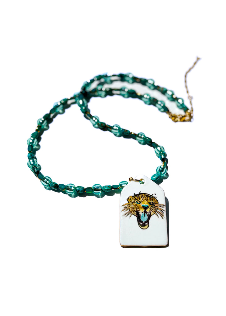 Teal Beaded Jaguar Head Necklace Game Day Jewelry