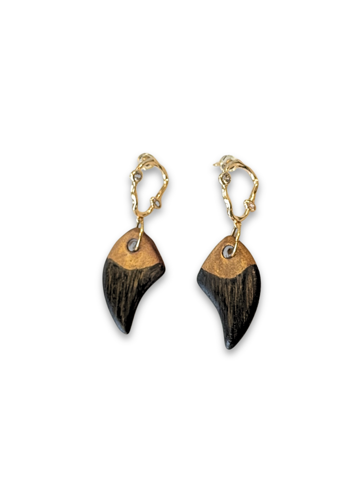 Coastal Shark Tooth Black and Gold Dangle Earrings