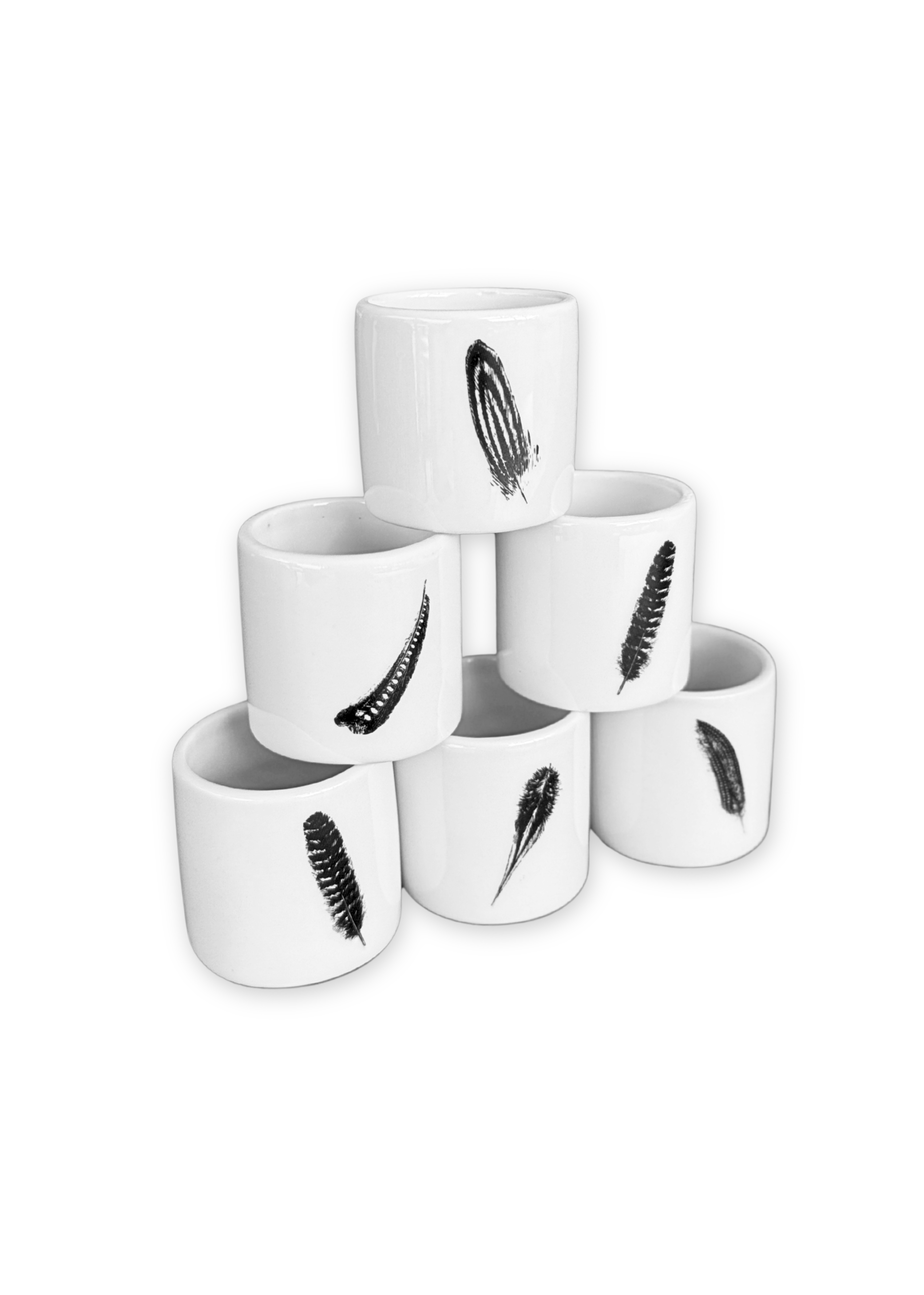 Black Feather Porcelain Napkin Rings Set of 6