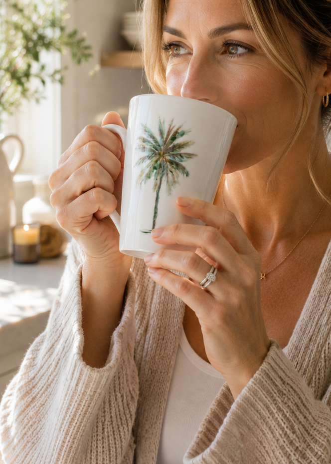 Set of 4 Hand-Painted Palm Tree Porcelain Coffee Mugs