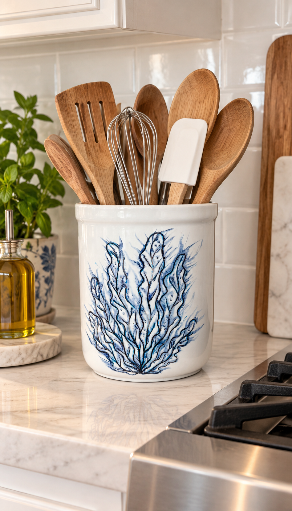 Hand-Painted Blue Coral Porcelain Utensil Crock
