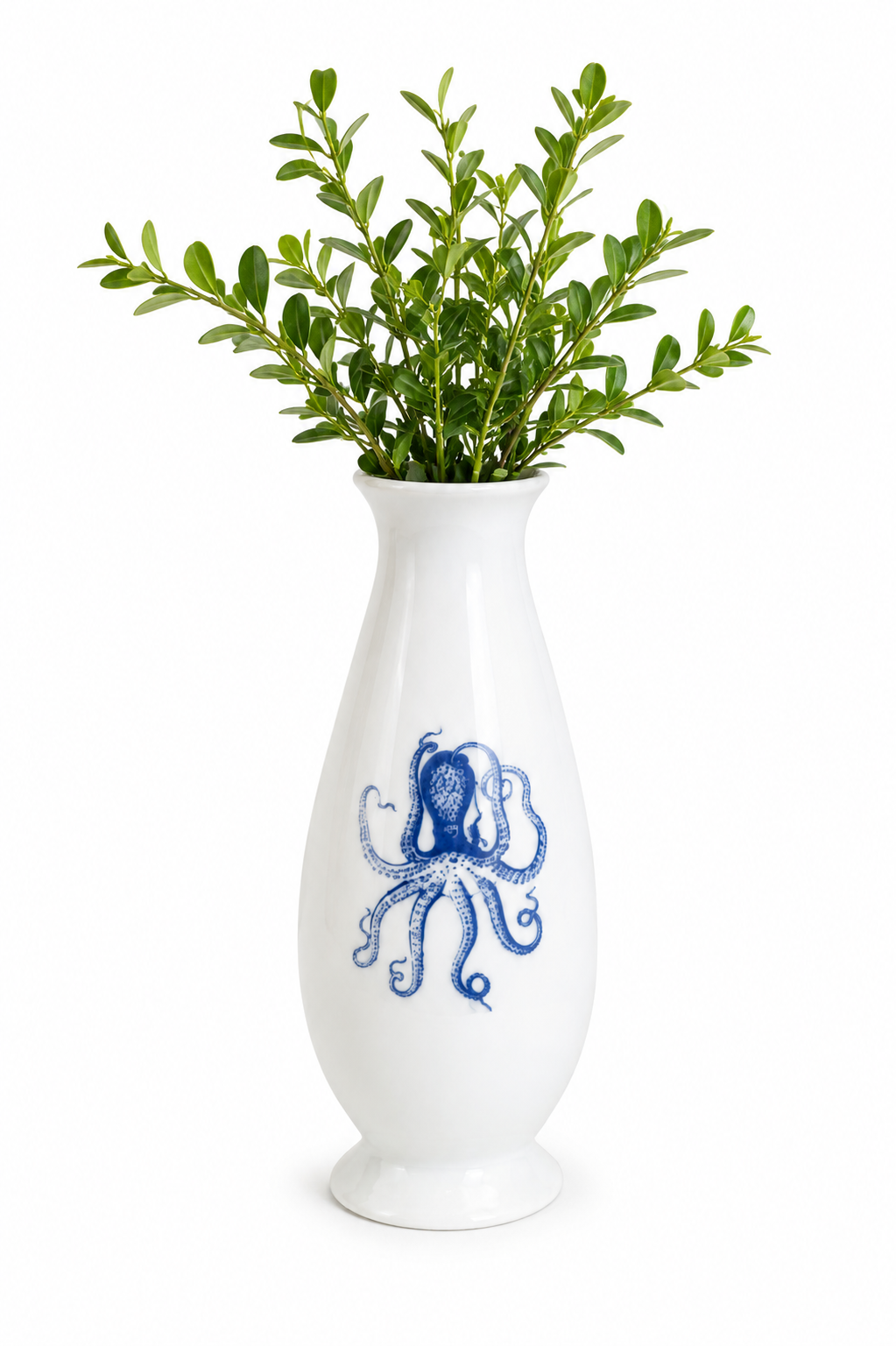 Blue Octopus Porcelain Bud Vase with Greenery