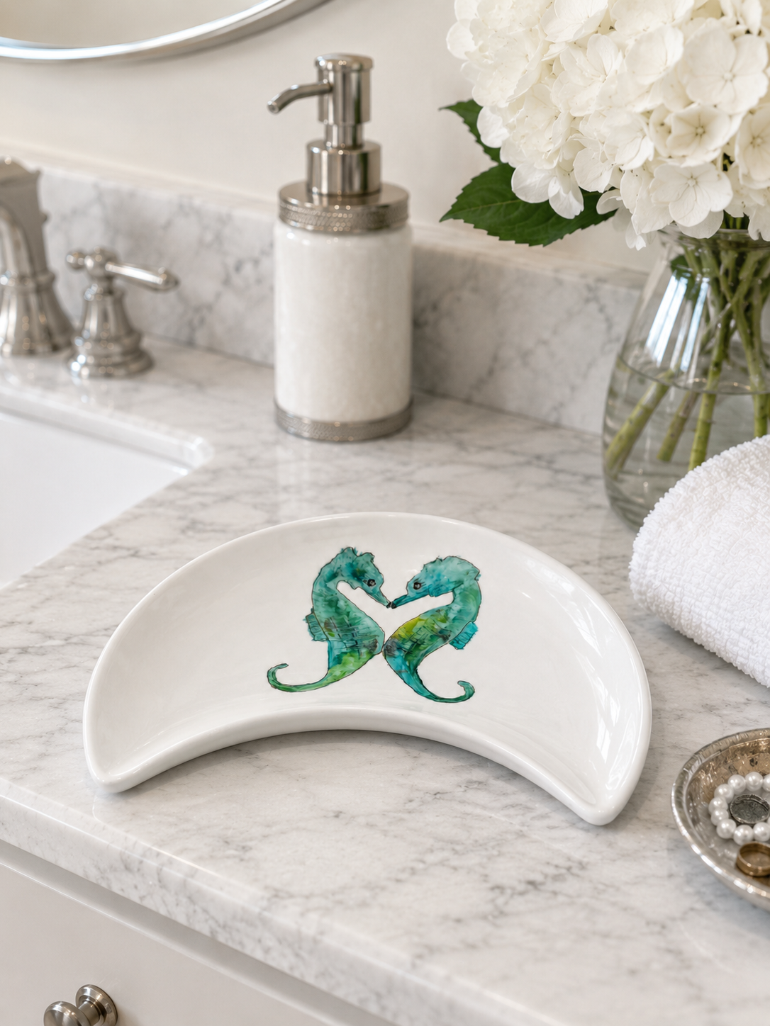 Hand-Painted Seahorse Crescent Vanity Tray