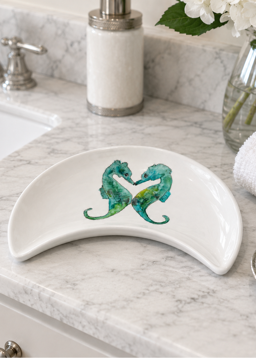 Hand-Painted Seahorse Crescent Vanity Tray