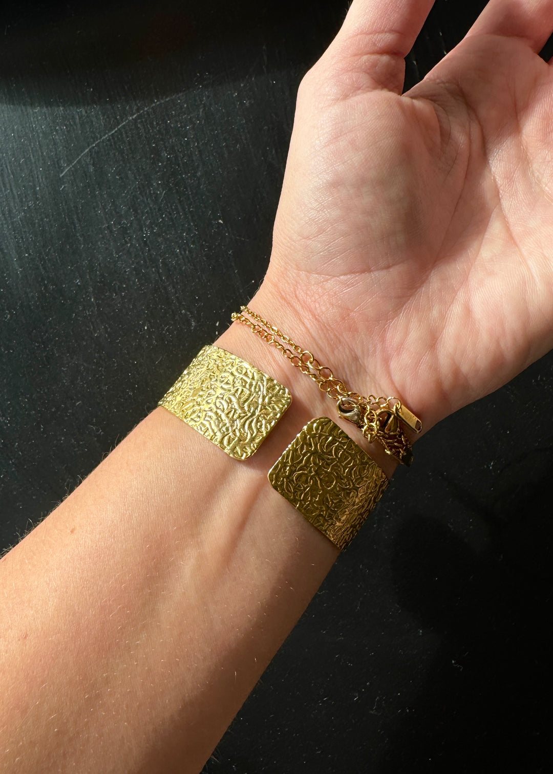 Hand-Painted Shark Tooth Porcelain Pendant Gold Cuff Bracelet