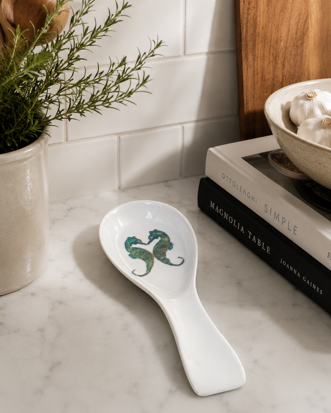 Double Seahorse Hand-Painted Porcelain Spoon Rest – Coastal Kitchen Countertop Accent