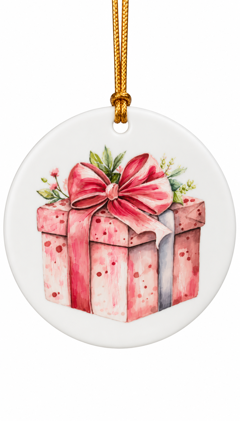 Hand-Painted Pink Present Porcelain Christmas Ornament