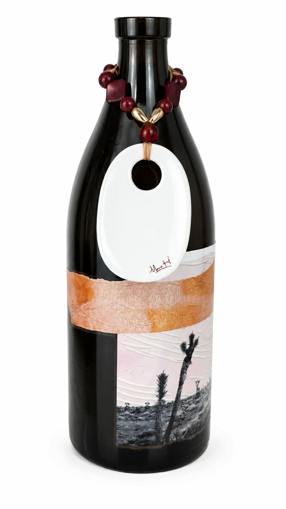 Hand-Painted Garnet & Gold Porcelain Seminole Bottle Tag