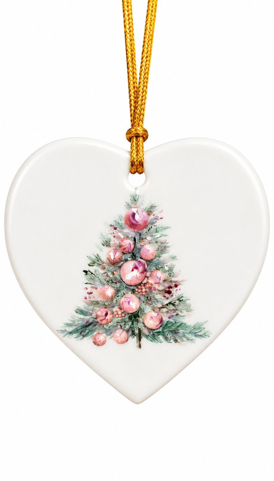 Hand-Painted Pink Christmas Tree Porcelain Heart Ornament