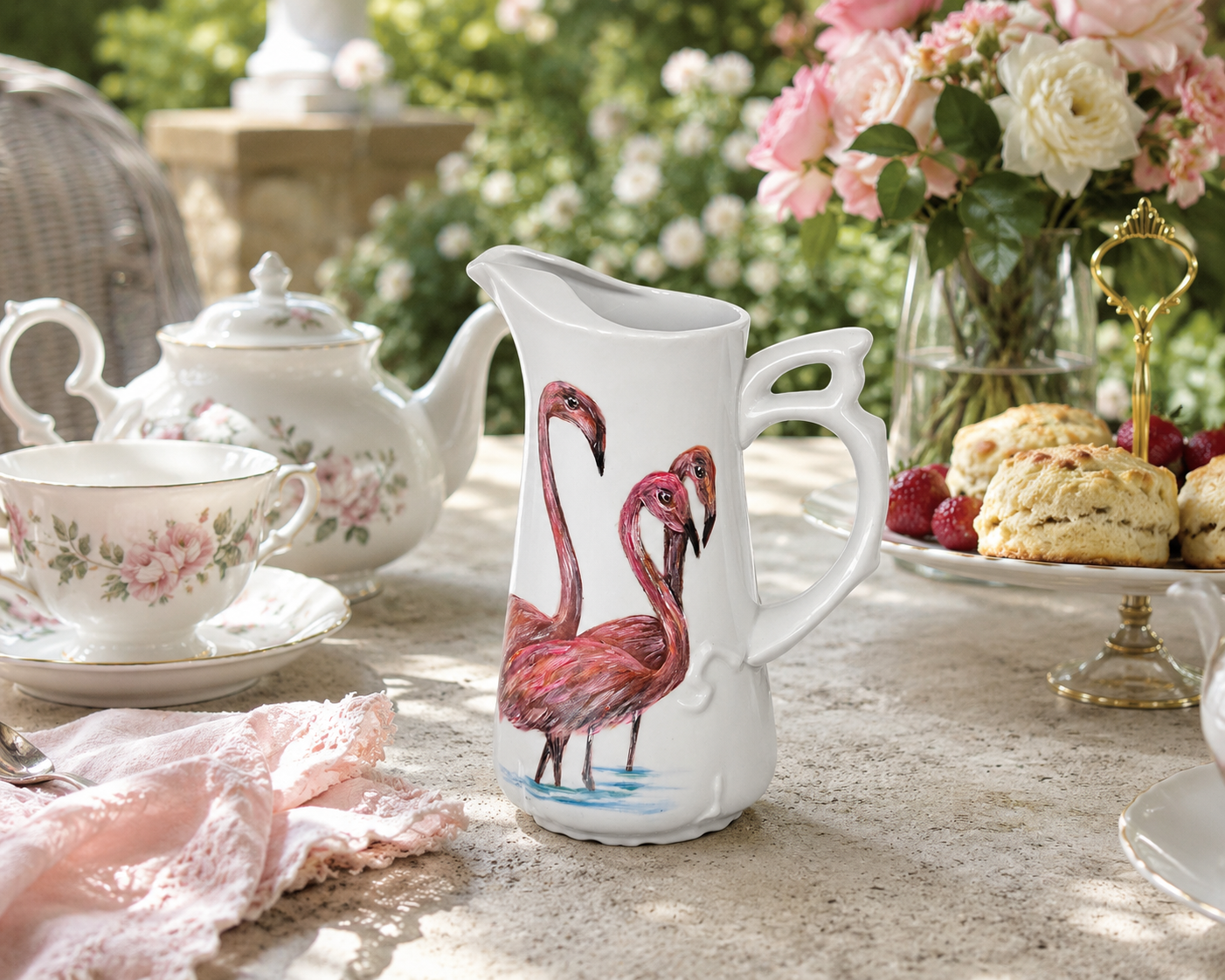 Hand-Painted Flamingo Porcelain Pitcher – Coastal Entertaining & Tea Party Serving Piece
