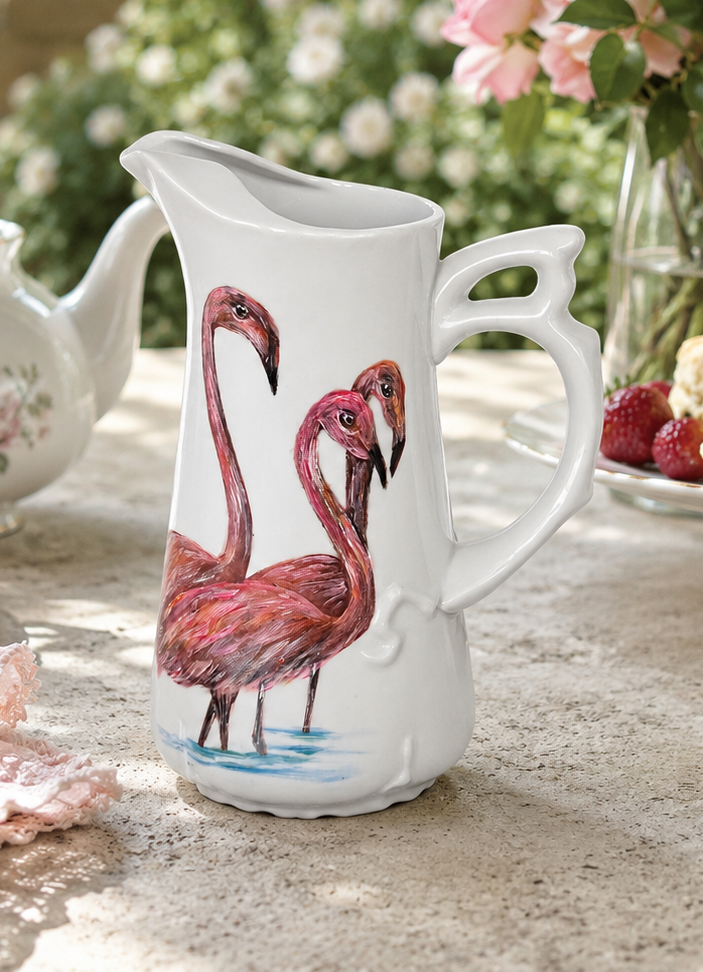 Hand-Painted Flamingo Porcelain Pitcher – Coastal Entertaining & Tea Party Serving Piece