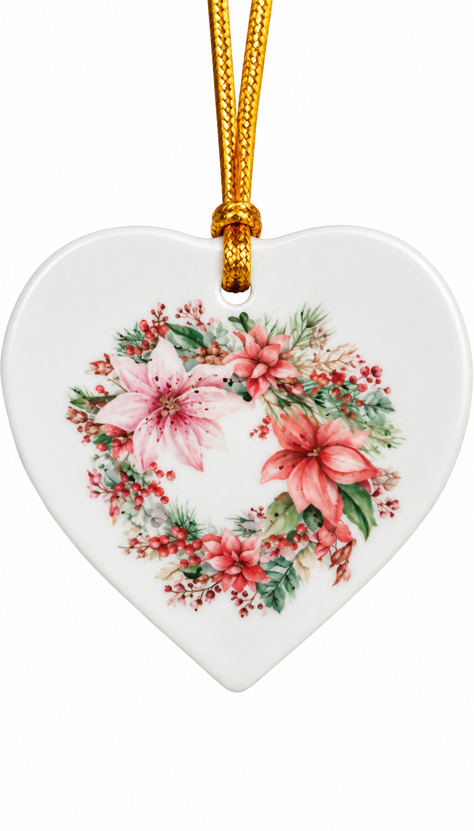 Hand-Painted Pink Poinsettia Wreath Heart Porcelain Ornament