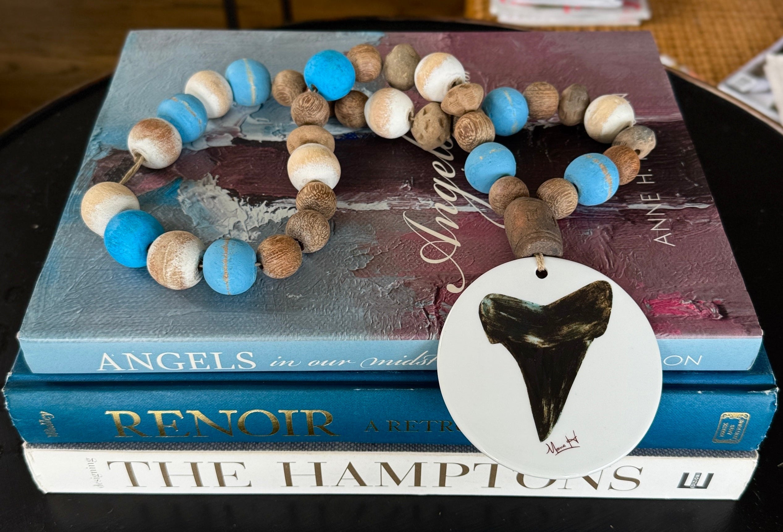 Hand Painted Shark Tooth on a Porcelain Disk Beaded Tabletop Anchor