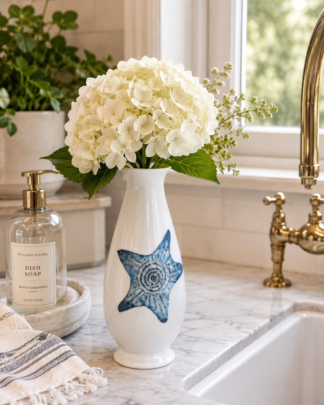 Blue Starfish Porcelain Bud Vase | Coastal Kitchen Sink Floral Accent